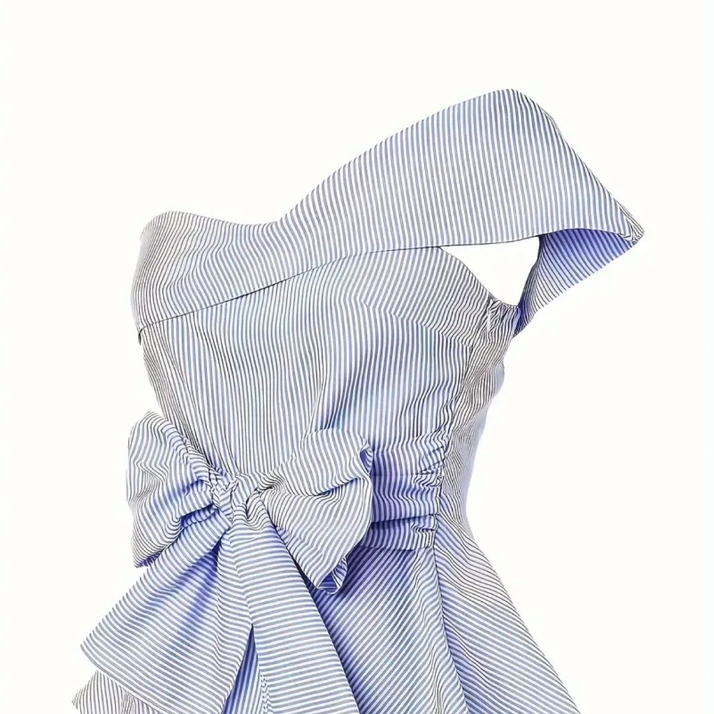 Striped Blue One-Shoulder Top - Picture 2 of 5